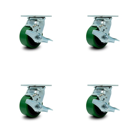 Service Caster 4 Inch Green Poly on Steel Caster Set with Ball Bearings and Brake/Swivel Lock SCC-30CS420-PUB-GB-TLB-BSL-4